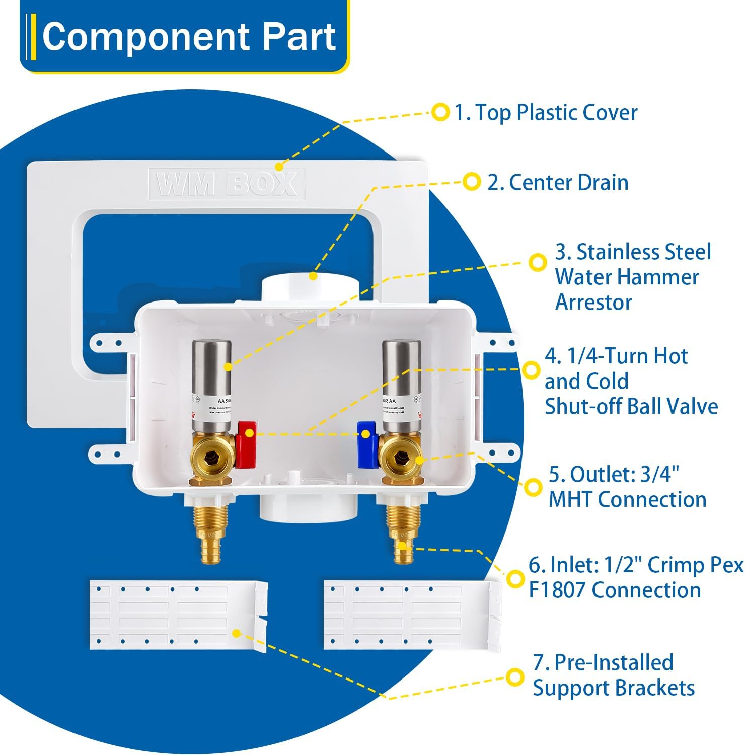Washing Machine Outlet Box with Center Drain, 1/2" Crimp Pex F1807 Inlet x 3/4" MHT Outlet Connection with Hot and Cold 1/4-turn Shut-off Ball Valve and Stainless Steel Water Hammer Arrestor