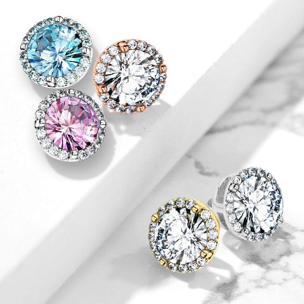 14 Gauge Round Prong Set CZ Center with CZ Around Internal Threaded Dermal Anchor Tops 316L Surgical Steel (Choose Color)