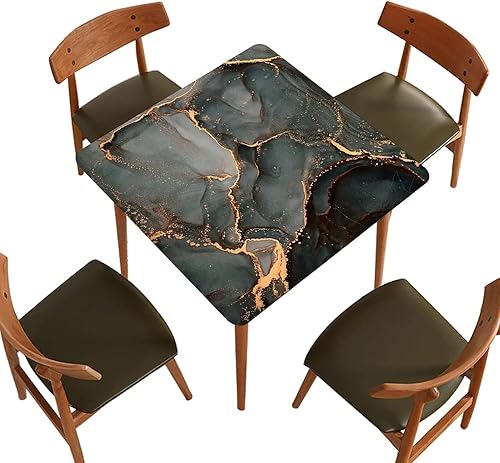 SongYi Mantel ajustable cuadrado de mármol negro y dorado, borde elástico de mármol gris, mantel de poliéster resistente a las manchas y a las