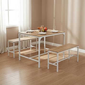 FurnitureR Dining Table Set 3 Pieces, 43.3 Inch Kitchen Table with 2 Dining Benches for 4, Dining Room Table Set with Metal Frame & MDF Board, Space-Saving Dinette for Home, Restaurant, Beech White