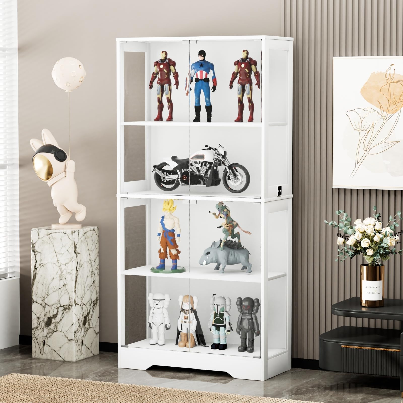 Vitrina de cristal con iluminación LED y sensor inteligente, vitrina de 4 capas, vitrina coleccionable para salón, dormitorio, oficina, blanco, 80 x 35 x 165 cm