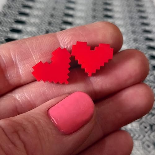 Miniatura 5 de Aretes gruesos de corazón de píxeles rojos grandes con postes de titanio hipoalergénicos sin níquel, retro videojuego Life Bar Gamer Studs San