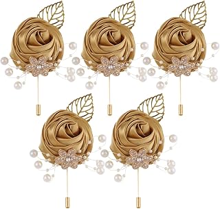 Female Men's Artificial Boutonniere 5pcs Gold Leaf Faux Silk Imitation Rose Corsage for Décor/Weddings/Balls/Ceremonies/Anniversaries,etc. (Light Gold)