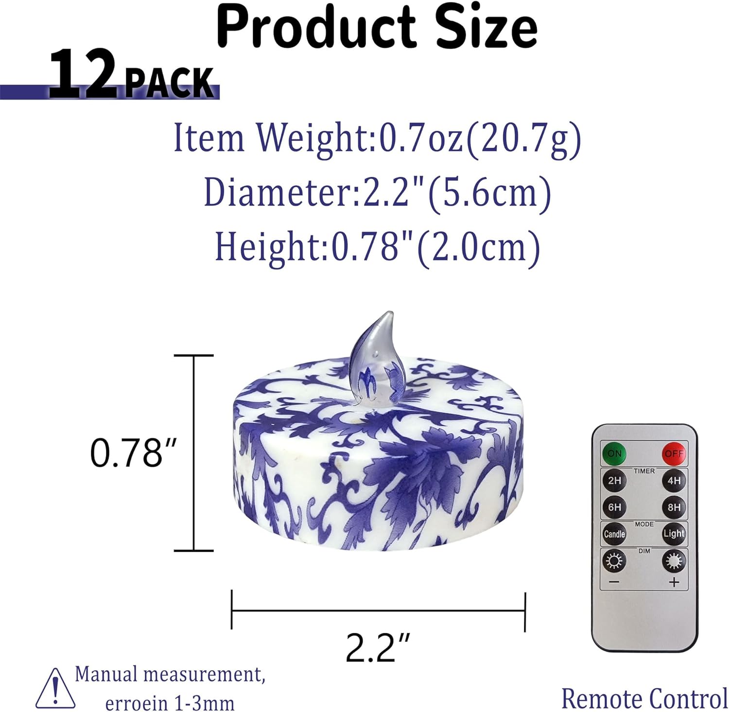 Floral Flameless Tealights with Remote - 12 Pack Blue and White LED Tealight Candles Battery Operated Tea Lights Safe Realistic Flickering for Home Decor Wedding Party,TLT12P-BW
