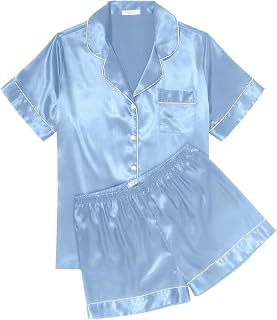 Ekouaer Womens Silk Satin Pajama Sets Soft Short Sleeve Button Up Sleepwear | Notch Collar 2 Piece Pjs Shorts Set,Comfy Sleep Lounge Set,Bridal,Bridesmaid,Wedding,Postpartum,Travel,Gift