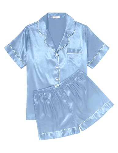 Ekouaer Womens Silk Satin Pajama Sets Soft Short Sleeve Button Down Sleepwear Top and Shorts 2 Piece Pjs Lounge Set