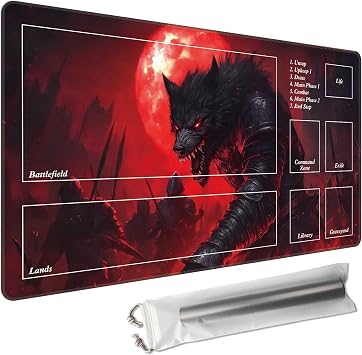 for TCG/MTG Playmat 27.5 x 15.7in with Zones Including Storage Bag | Smooth Surface & Non-Slip Rubber Backing | Stitched Edge Desk Pad & Card Game Mat, Red Werewolf
