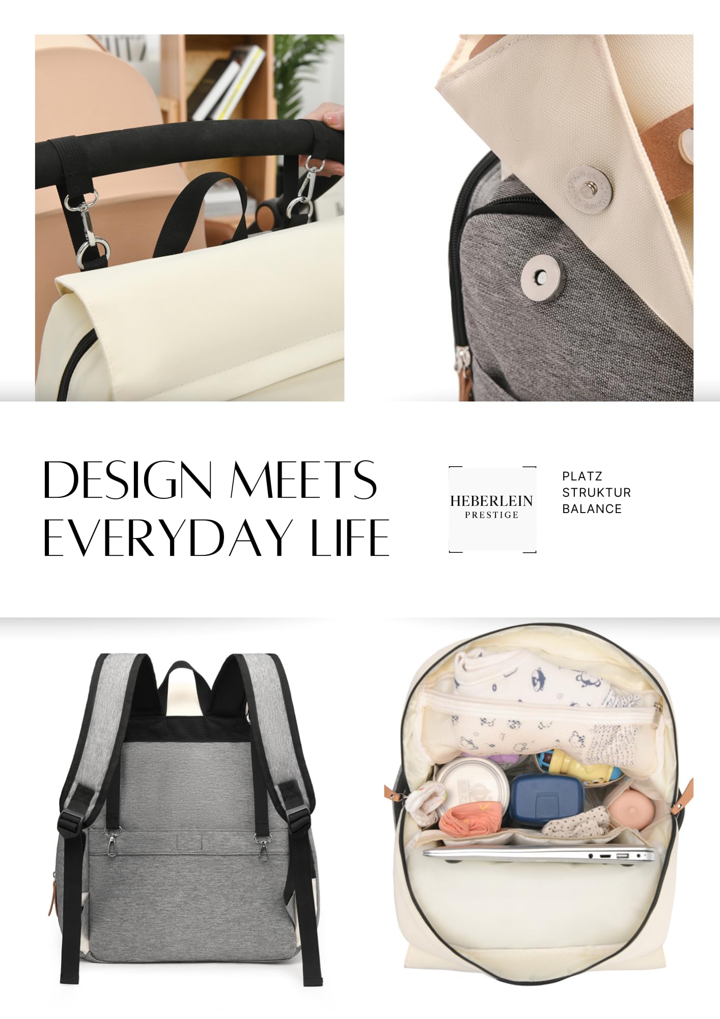 Heberlein Prestige Baby Wickelrucksack - große Wickeltasche für Mama & Papa, wasserabweisend mit vielen Fächern & isolierten Taschen, inkl. Wickelauflage & Kinderwagenbefestigung - ideal für unterwegs