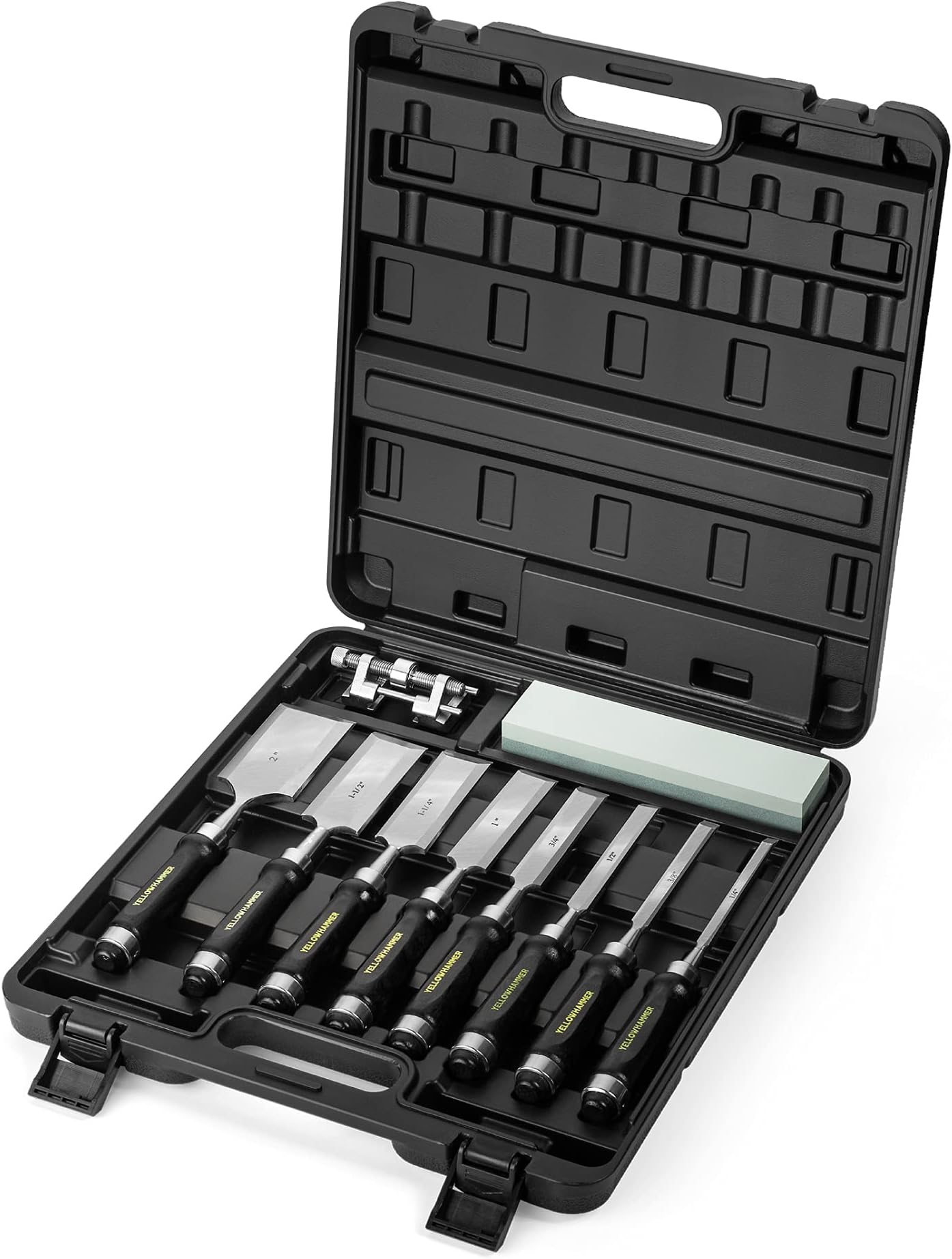 YellowhammerWood Chisel Set of 10 Includes 8 Chisels (1/4, 3/8, 1/2, 3/4, 1, 1-1/4, 1-1/2, 2), Honing Guide and Silicon Carbide Sharpening Stone (180/400 grit) in Attractive Case