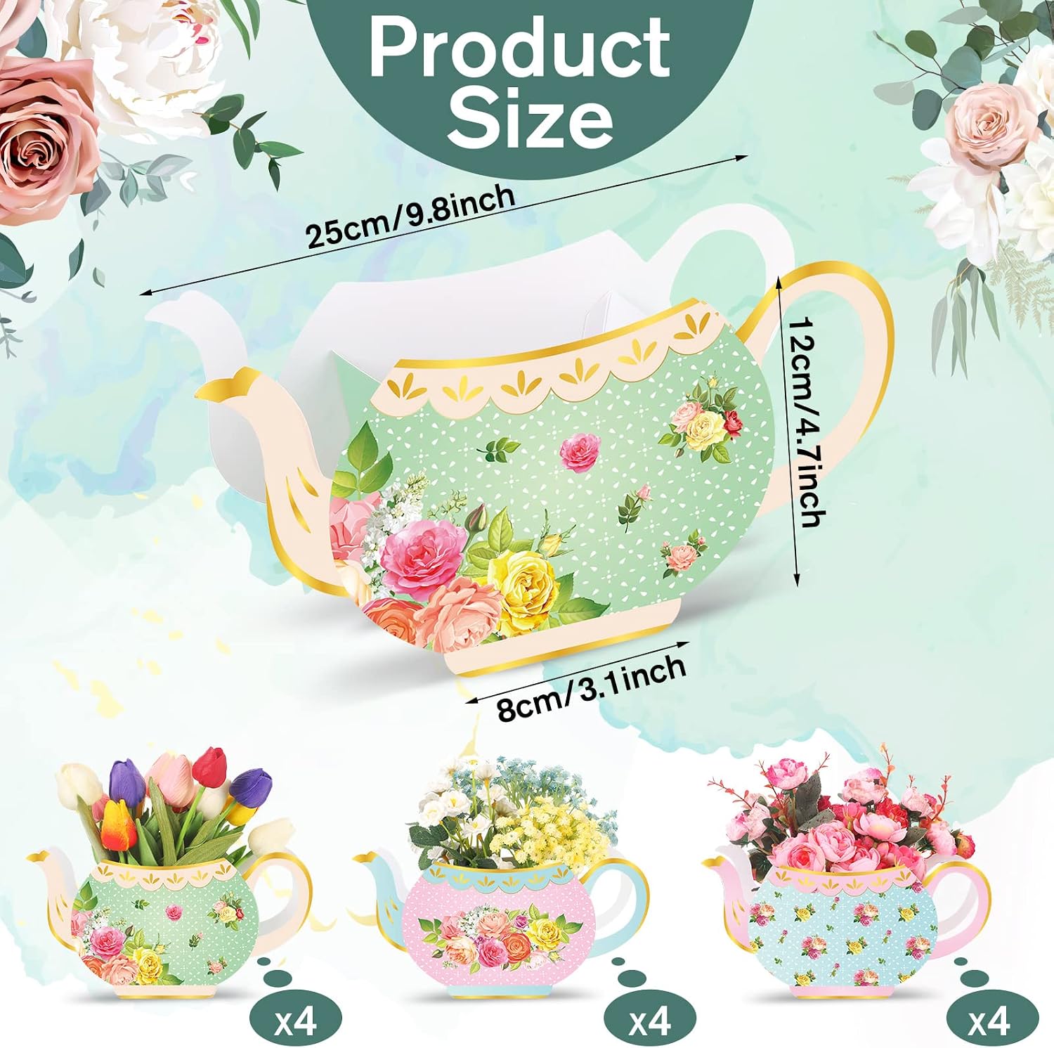 Ireer 12 Pieces Tea Party Centerpieces for Table Spring Party Decorations Teapot Princess Flower Centerpieces for Floral Tea Themed Birthday Supplies Baby Shower Wedding Anniversaries