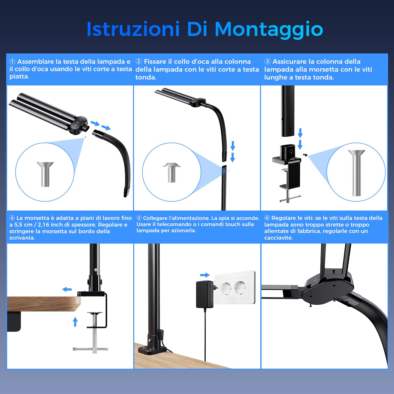 T01 Lampada da Scrivania a LED con Telecomando - 24W 1400LM 80CM Luce Scrivania Filo con Morsetto Lampada da Lettura Collo D'oca Regolabile, Porta di ricarica USB per Ufficio Studiare, Nero