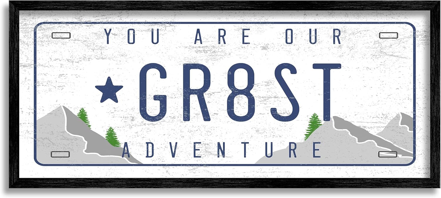 Stupell Industries Our Greatest Adventure Mountain Range License Plate, Designed by Daphne Polselli Black Framed Wall Art, 13 x 30, Grey