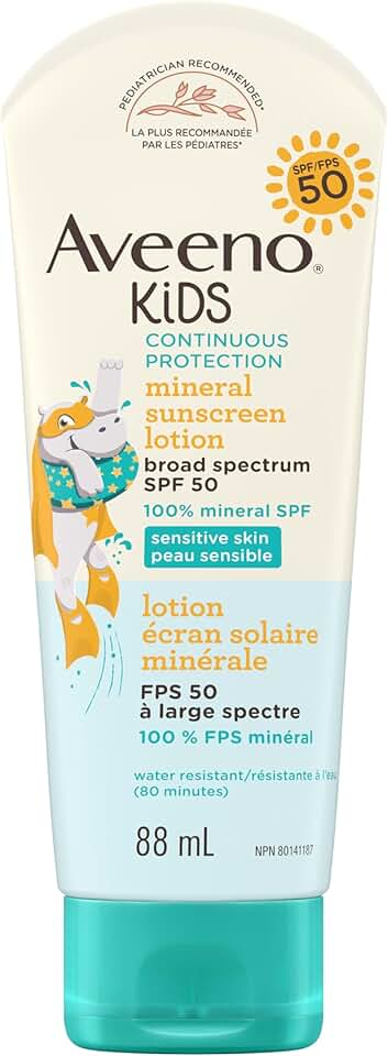 Aveeno Kids Continuous Protection Zinc Oxide Mineral Sunscreen Lotion for Children's Sensitive Skin with Broad Spectrum SPF 50, Tear-Free, Sweat- & Water-Resistant, Non-Greasy, 88 mL