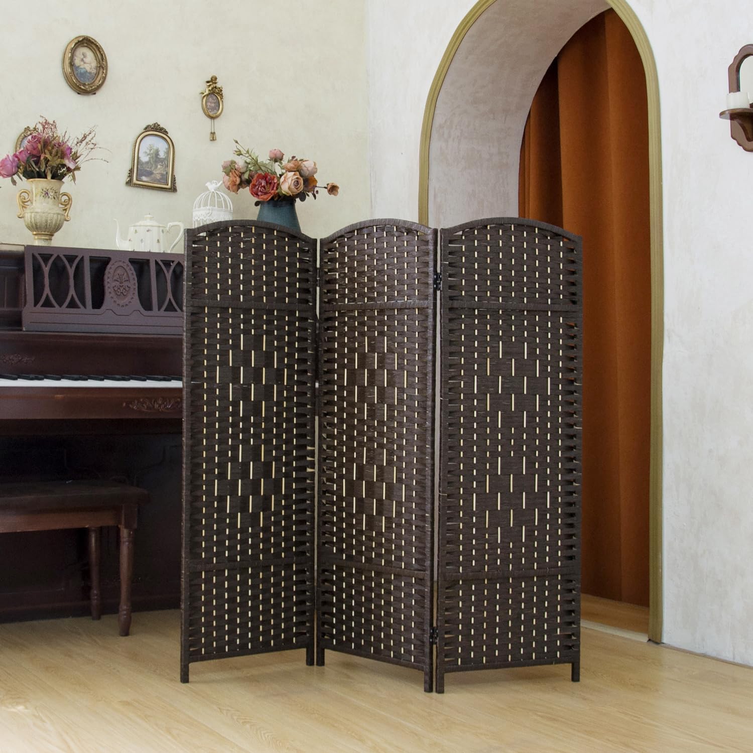 compact 3 panel short room divider, 47.2 inch tall double-sided rattan folding privacy screen for home & office,dark brown