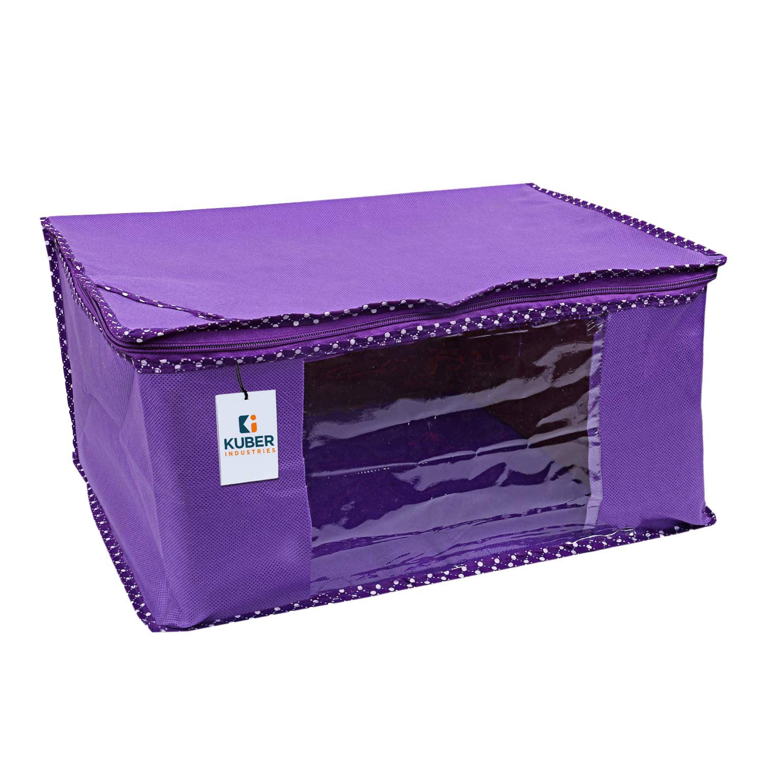 Kuber Industries Faltbare feste Sari-Abdeckungen mit Reißverschluss, Kleiderschrank-Organizer für Kleidung, transparentes Fenster, für 8 bis 10 Sari, geeignet für Lehenga, Anzug, Kleid, 9 Stück (lila)
