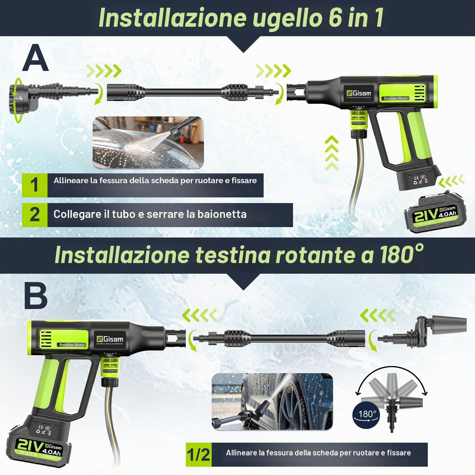 Idropulitrice a batteria, ad alta pressione, 4 marce, 120 bar, portatile 2 x 4,0 Ah, ugello girevole 6 in 1 e 180°, spruzzatore schiuma, tubo 5 m, irrigazione