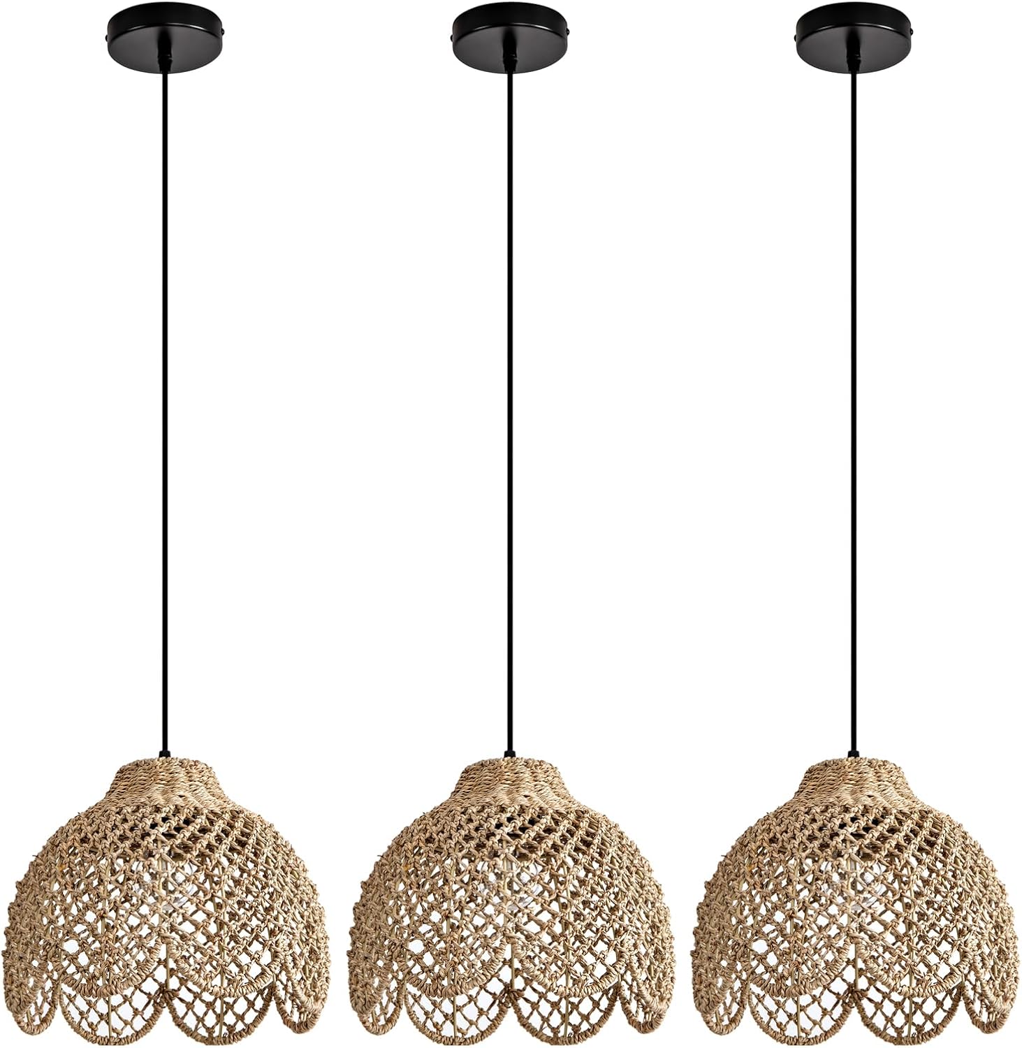 3-Pack Rattan Pendant Lights Kitchen Island, 11.8" Boho Wicker Pendant Light Mini Rattan Hanging Light Fixture Seagrass Farmhouse Woven Chandelier for Bedroom Dining Room Hallway Entryway