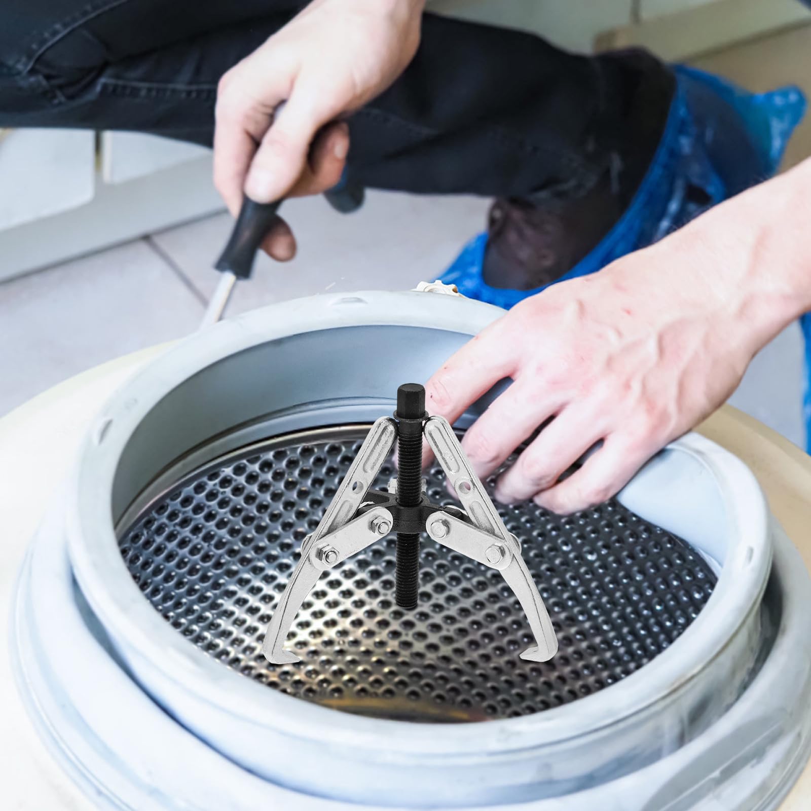 1 Satz Abzieher für Waschmaschinenzahnräder Metalllager Abzieher aus Kohlenstoffstahl Dreiarmabzieher mit Unterlegscheiben Praktisches Reparaturwerkzeug für Waschmaschinen