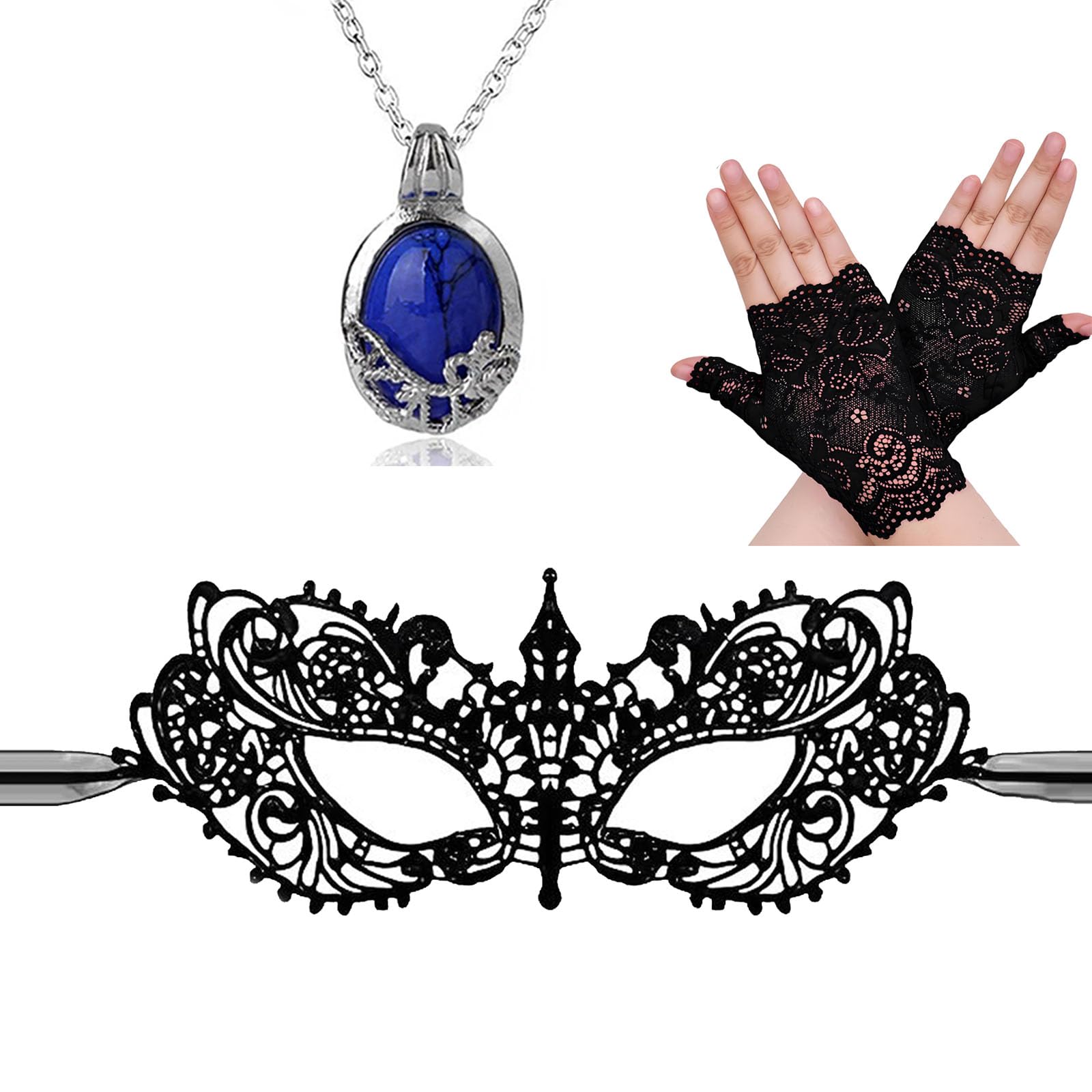 Zaky 3 Pcs Vampire Elena Cosplay Costume Jewelry Accessories Daywalking Katherine Necklace Women Lace Eye Maskes for Halloween Costume Party Gloves