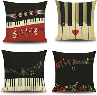 Lieson Juego de 4 fundas de almohada de 40 x 40 cm, diseño vintage de llaves de piano de 40 x 40 cm, fundas de cojín de Navidad, color rojo, beige, negro, lino