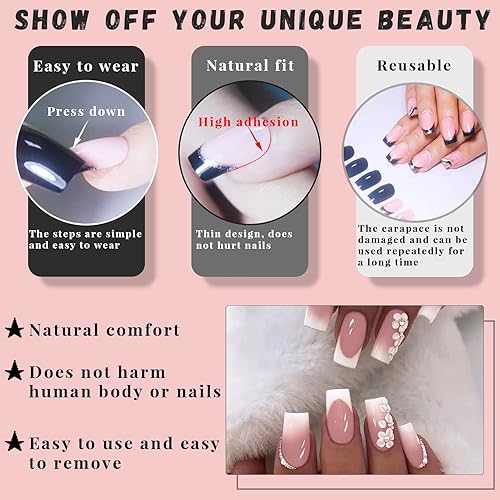 Miniatura 6 de Uñas cortas a presión, uñas postizas de almidón con raíz de loto degradado con purpurina plateada y diamantes de imitación, uñas acrílicas de verano