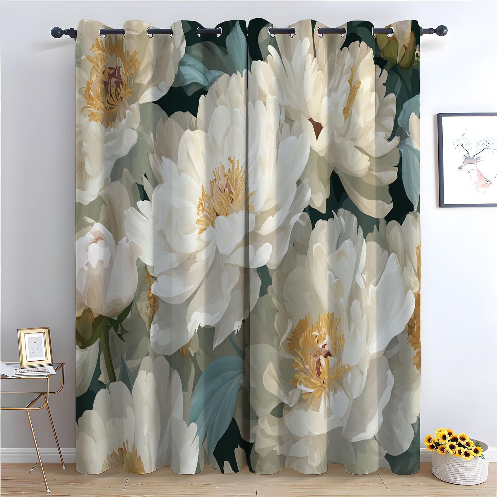 TERUEA Window Drapes Thermal Insulated Curtains for Bedroom, Large white peony green leaf classic vintage floral Landscape Garden Curtains-52 W x 108" L (Pack of 2)