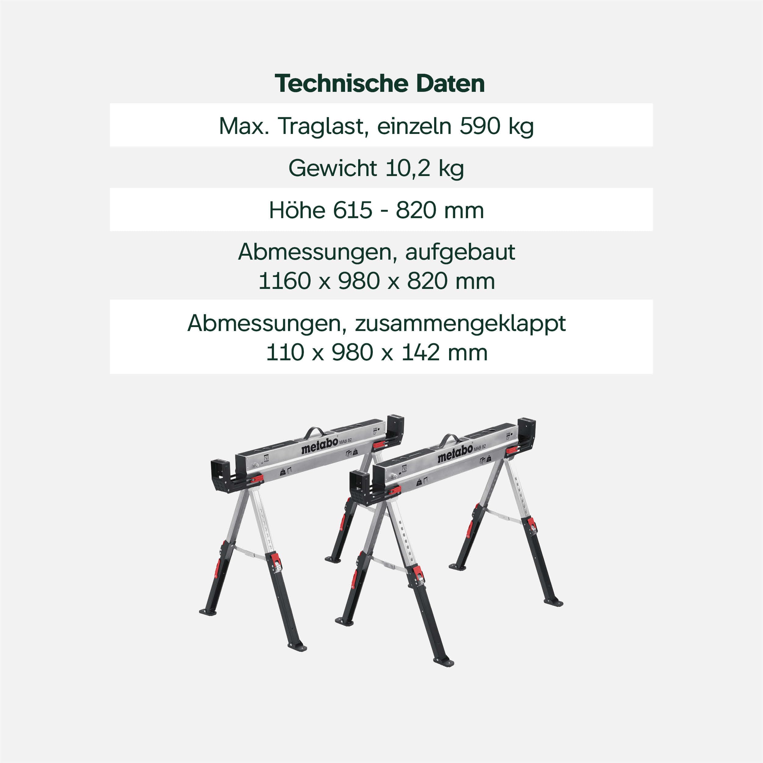 metabo MAB 82-2 Arbeitsbock-Set, Unterstellböcke höhenverstellbar, Stahl
