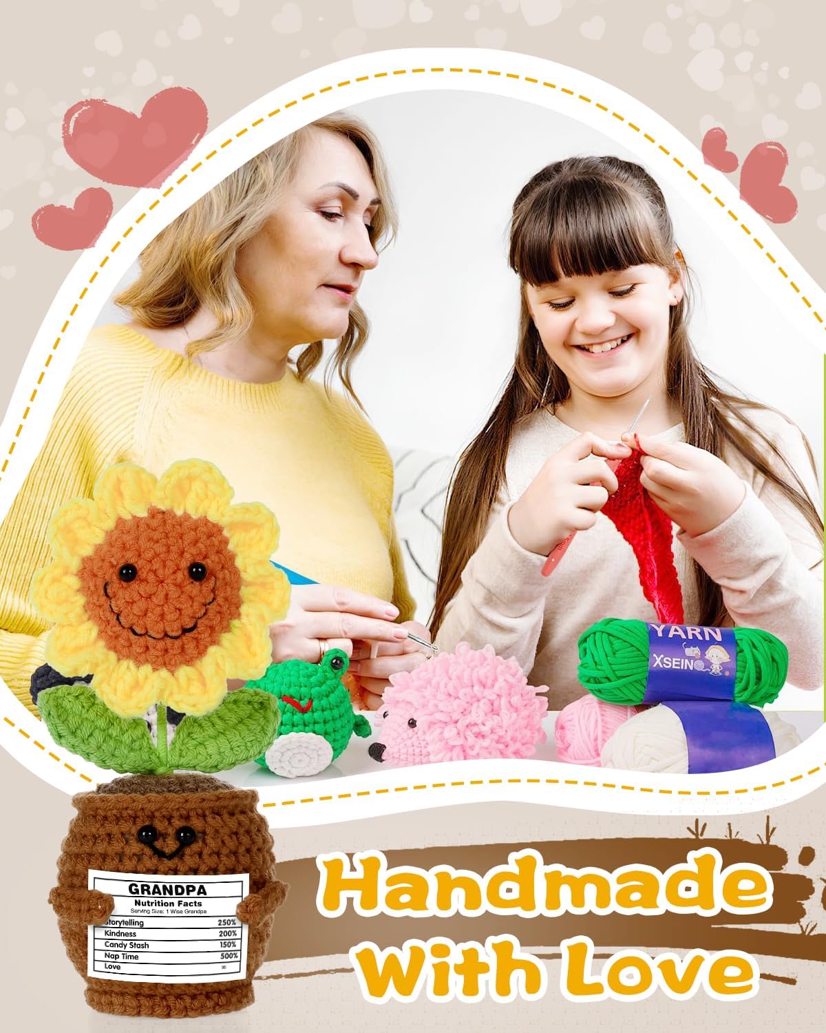 Crochet Flowers in Pot Gift – Handmade Crochet Sunflower with Funny Nutrition Facts Card for Grandpa – Humor Thanks Cards Cute Crochet Decor, Appreciation & Friendship Gift