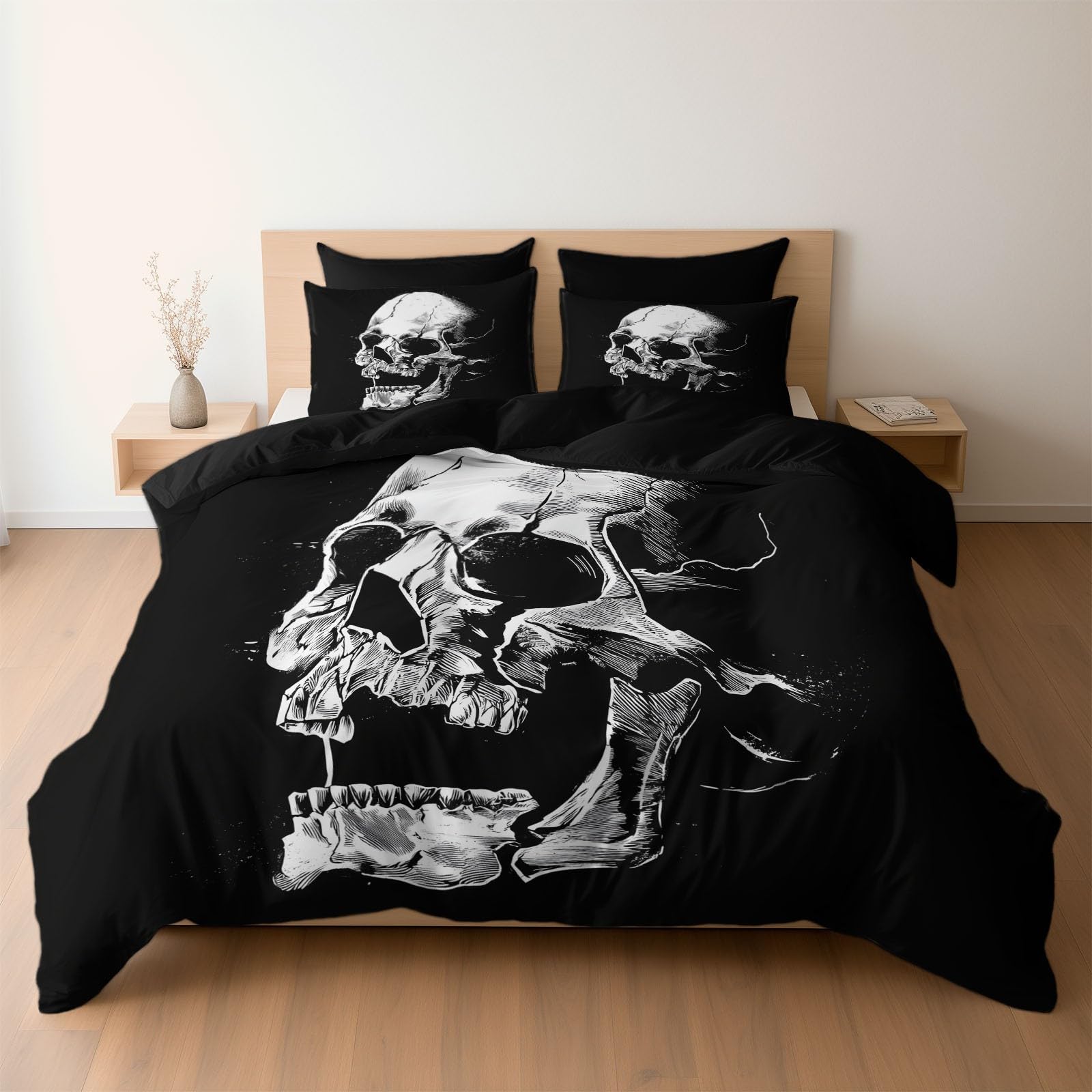 Housse de couette gothique crâne noir 140x200 microfibre avec taies d'oreiller