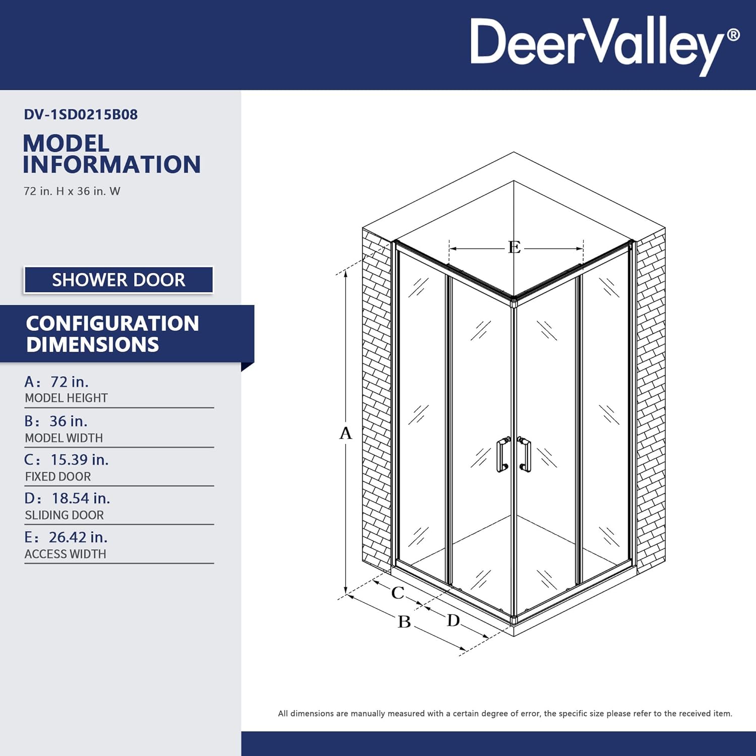 DeerValley 36"x 72" Framed Corner Shower Enclosure, Double Sliding Door Corner Shower Door, Reversible Shower Kit with 5/16" (8mm) Thick Clear Glass (Black)