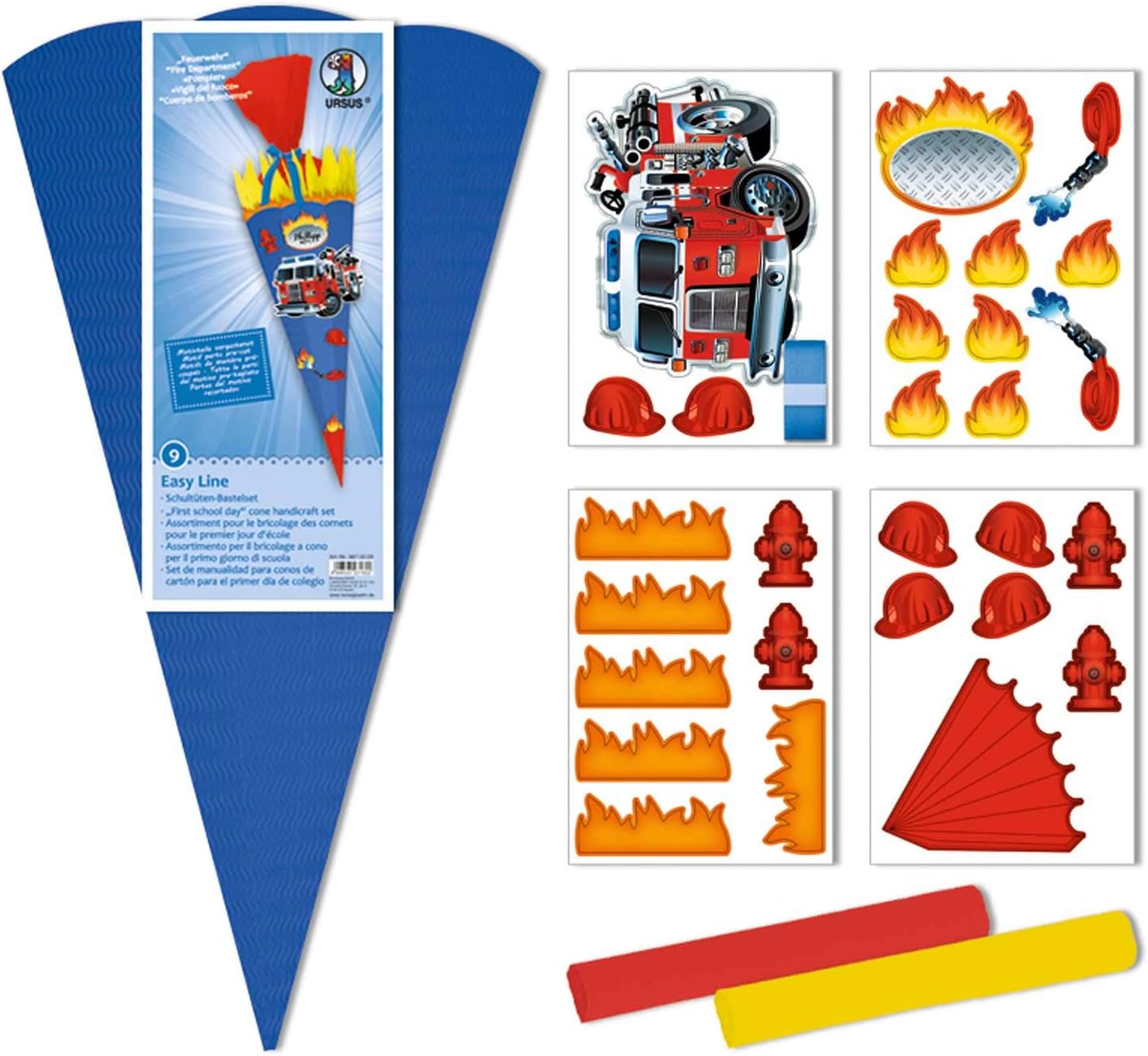 Ursus 9870009 School Cone Craft Set, Easy Line, Fire Brigade, Hexagonal, Height Approx. 68 cm, Diameter Approx. 20 cm, Made from 3D Coloured Corrugated Cardboard 260 g/m², All Parts Pre-Cut Includes