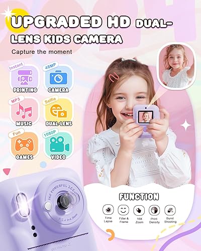 Miniatura 2 de Cámara de impresión instantánea para niños, cámara digital para selfie de doble lente para niños, regalos de cumpleaños de Navidad, juguetes para