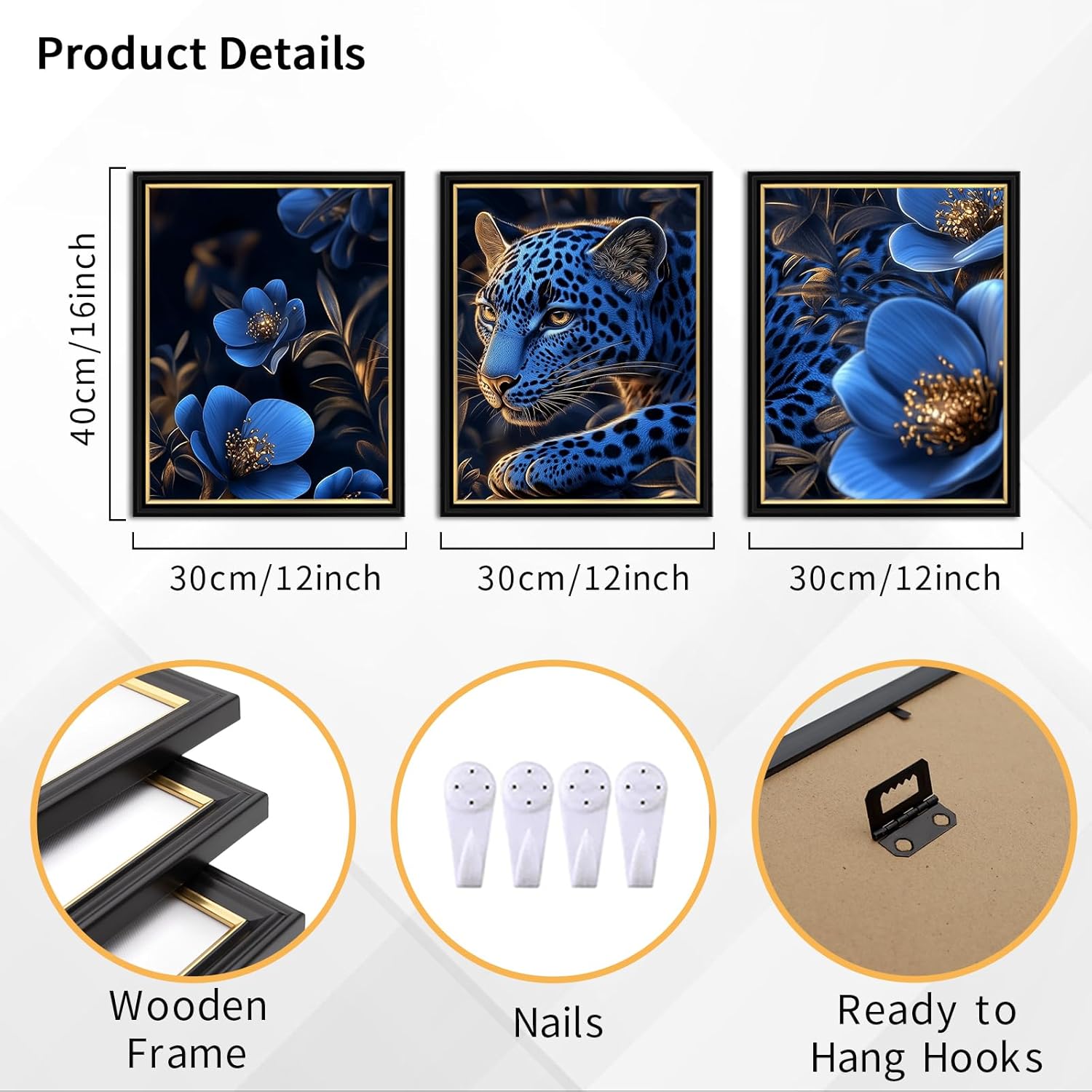 Kalormore 3 Pieces Black and Gold Frame Wall Art Leopard with Blue Flower Picture Wild Animal Canvas Prints Artwork Easy to Hang