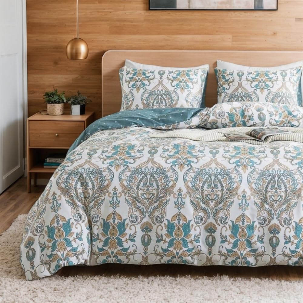 AShanlan Boho Bettwäsche 220x240 Baumwolle Weiß mit Blau Paisley Bettbezug 3teilig Bohemian Style Blumen Angenehme Vintage Muster Wendebettwäsche und 2 Blümchen Kissenbezüge 80x80 mit Reißverschluss