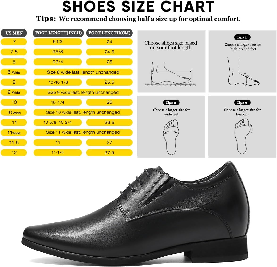 CHAMARIPA Elevator Shoes for Men | Invisible Height Increase Derby Oxford Dress Shoes in Black | Built-in System Adds 3.15 Inches/8cm | Formal Business Shoes | US 7.5-12.5