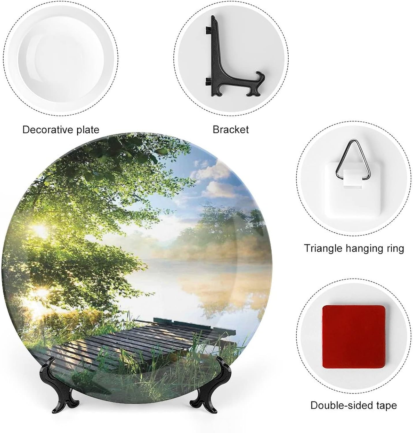 8 Inch Decorative Plate, Art Tableware Plate, Fishing Pier by River on Morning Light with Clouds Trees Nature Print Ceramic Wall Hanging for Home Office Party Dinner Table Decor, Green Blue White image 3