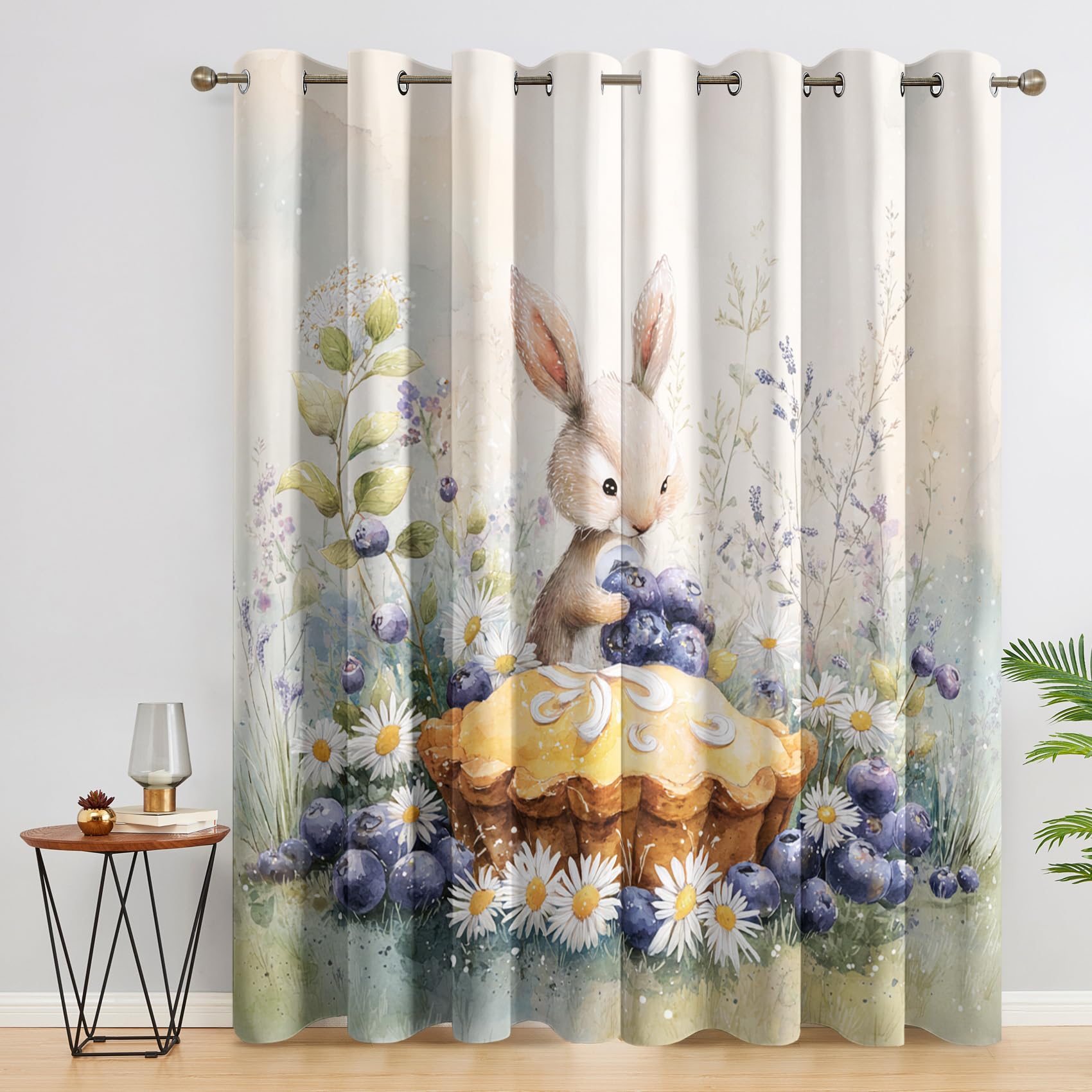Cute Animal Curtains Blackout, 108 Inch Drop, Rabbit Floral Kids Thermal Blackout Eyelet Curtains, Bedroom Living Room Decor Window Drapes 90 x 108, 2 Panels HB183