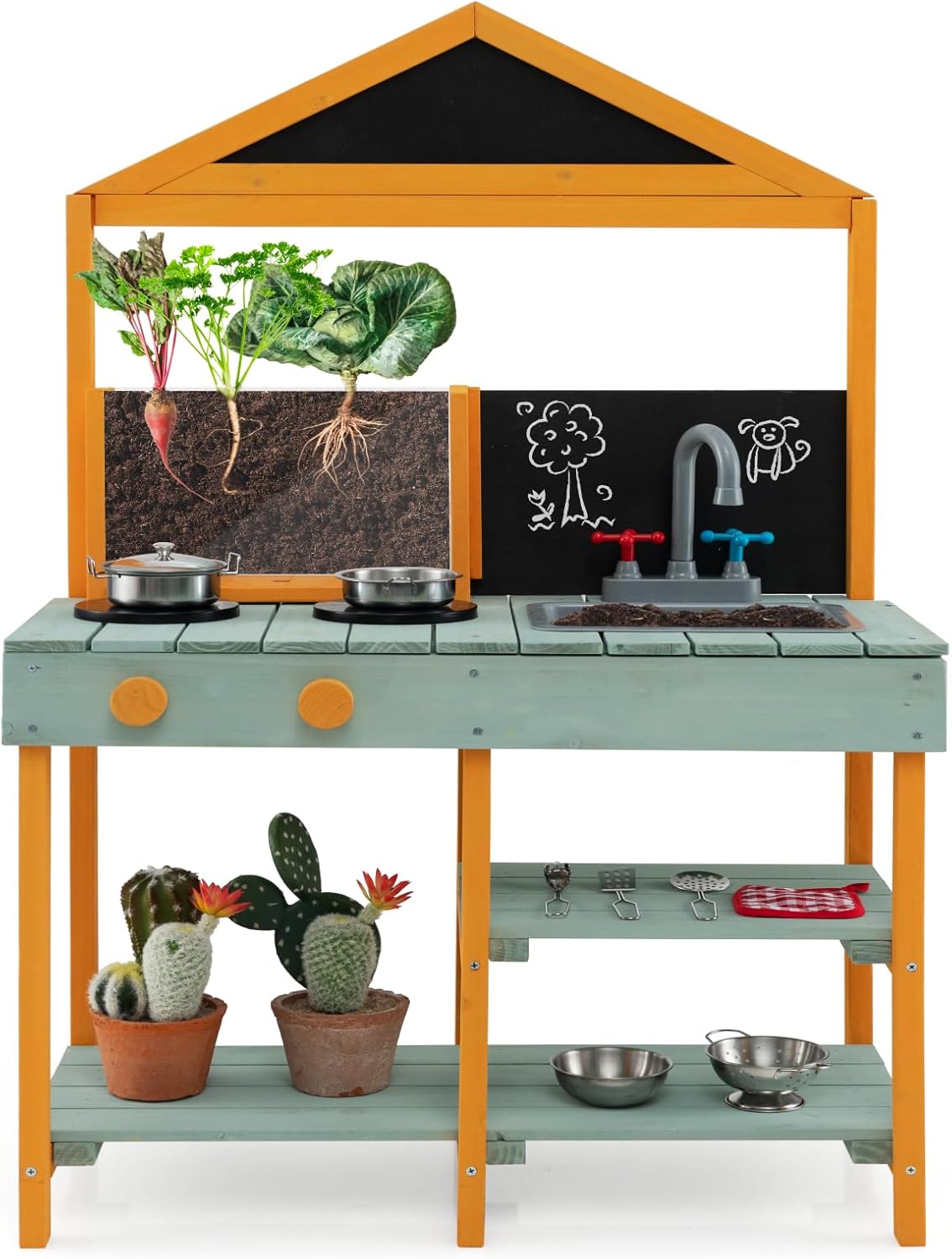 HONEY JOY Mud Kitchen, Fir Wood Outdoor Play Kitchen for Toddlers, Transparent Root Viewer Planter, Realistic Faucet & Sink, Stoves, Chalkboard, Storage Shelf, Mud Kitchen for Kids Outdoor Backyard
