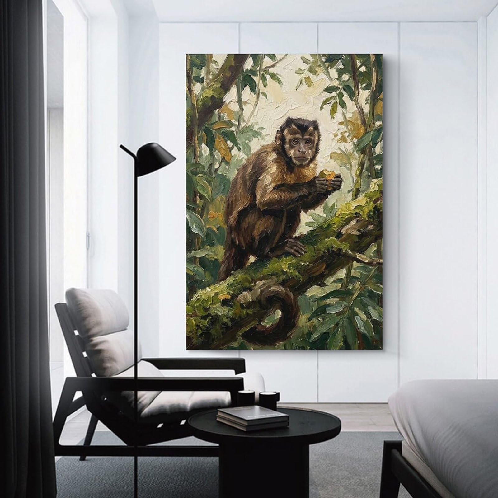 Junmoney Monkey Eating Fruit in Forest Hanging Wall Art, 24x36inch(60x90cm), for New Homes, Bedrooms Or Workspaces, Thoughtful Wall Decor for Art Lovers