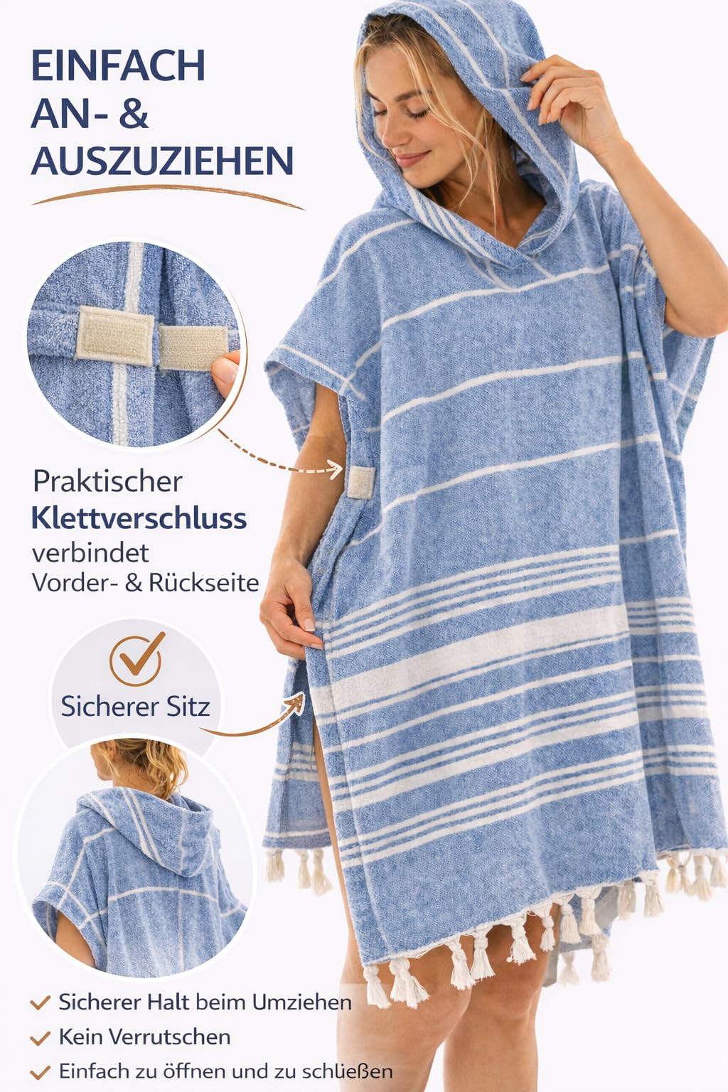 ELY PARKER Poncho de plage pour femme - 100 % coton - Serviette de plage et robe de plage - Poncho de bain Pestemal avec capuche - Léger et séchage rapide pour sauna, plage et piscine - Bleu