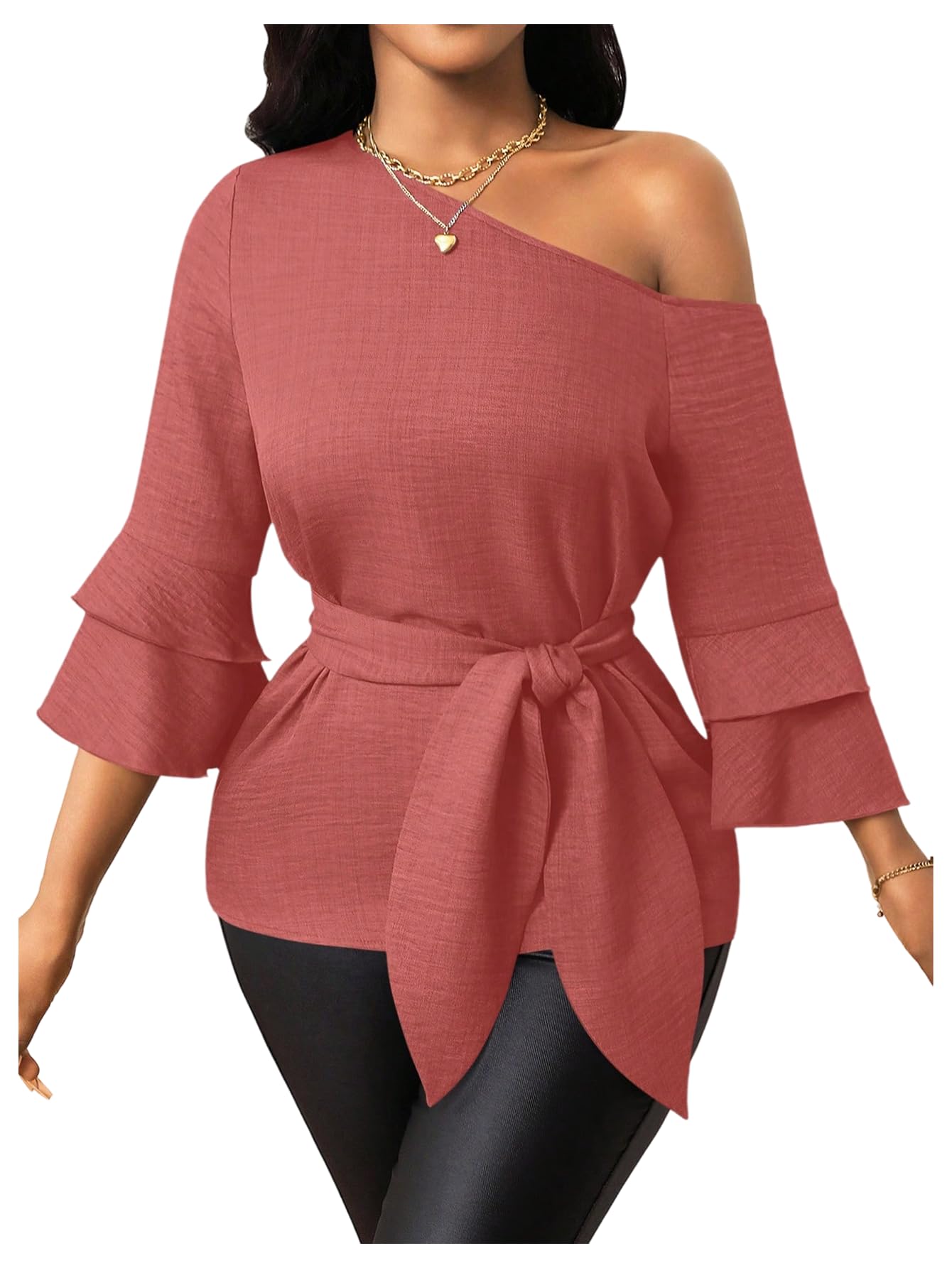 Floerns Womens Asymmetrical Neck Dressy Blouse 3 4 Length Bell Sleeve Office Belted Shirts