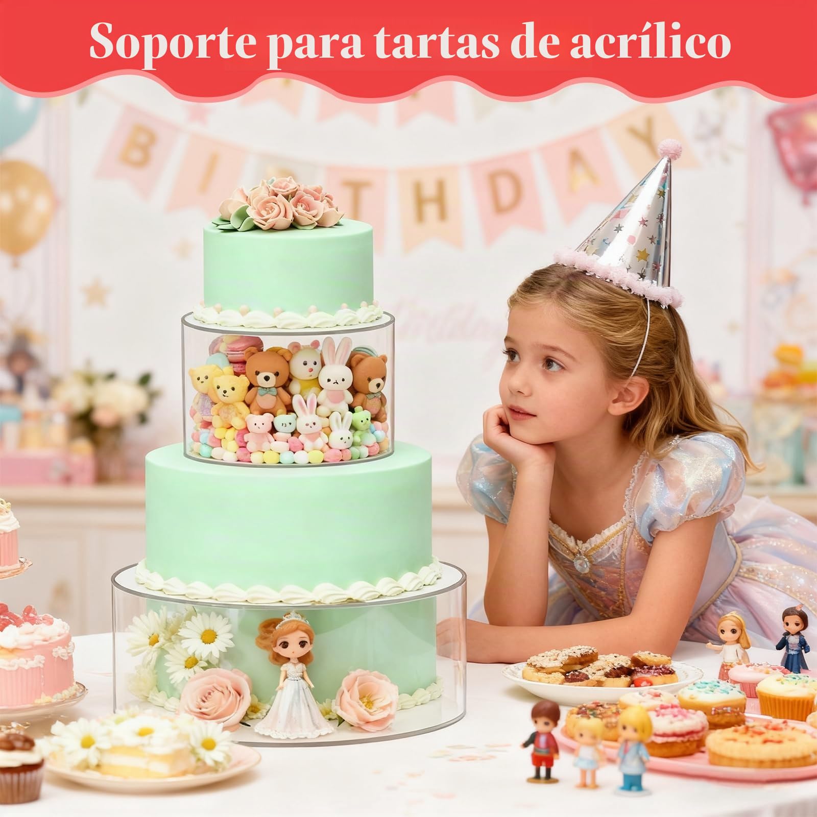 3 Piezas Soporte para Tartas de Acrílico, Bandeja Redonda Transparente Rellenable para Tartas con 3 Tiras de luz LED para Bodas, Cumpleaños y Fiestas.