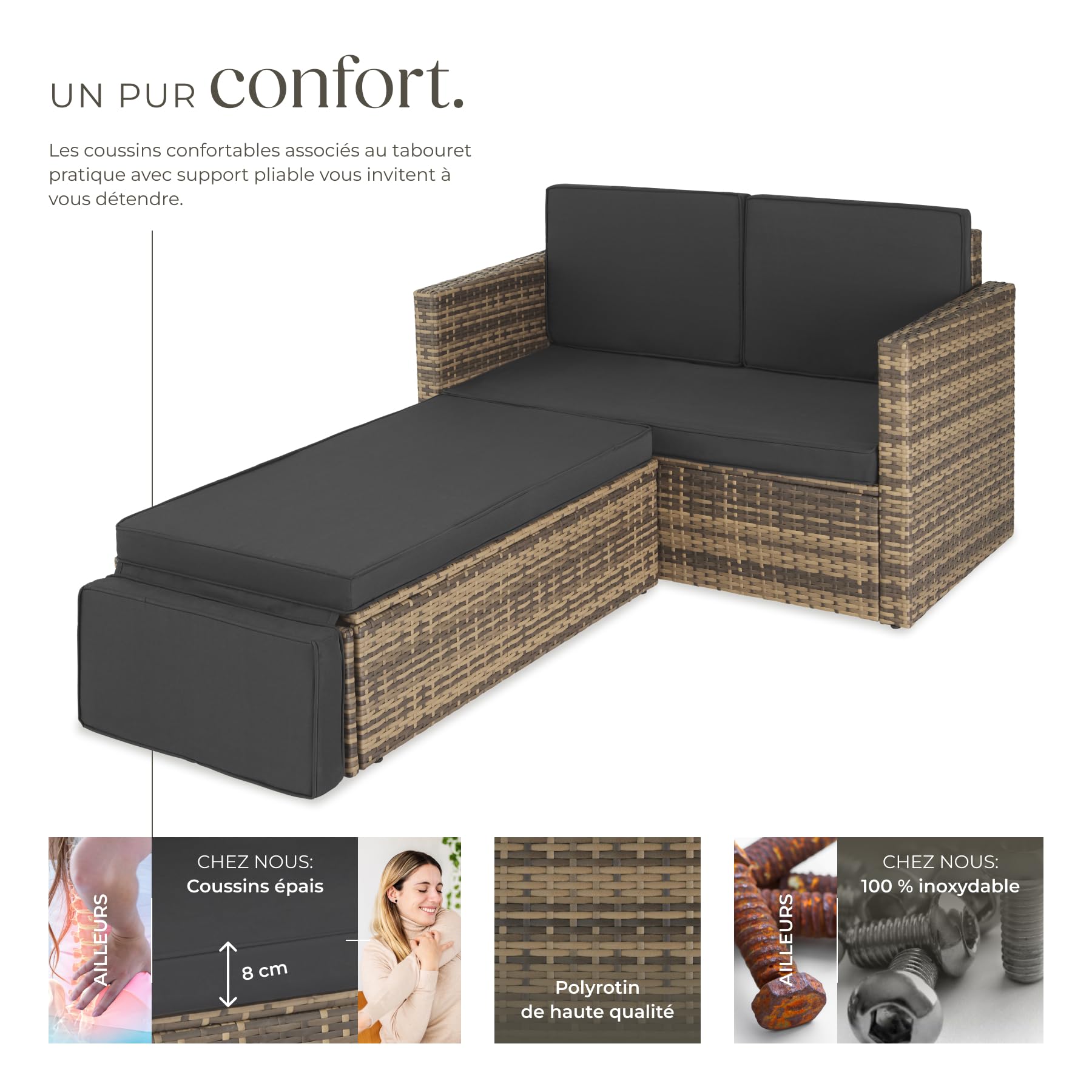 Tectake Salon de Jardin Poly Rotin Modulable Bain de Soleil 2 Places 1 Canapé 1 Tabouret Pouf Repose-pieds Inclinable