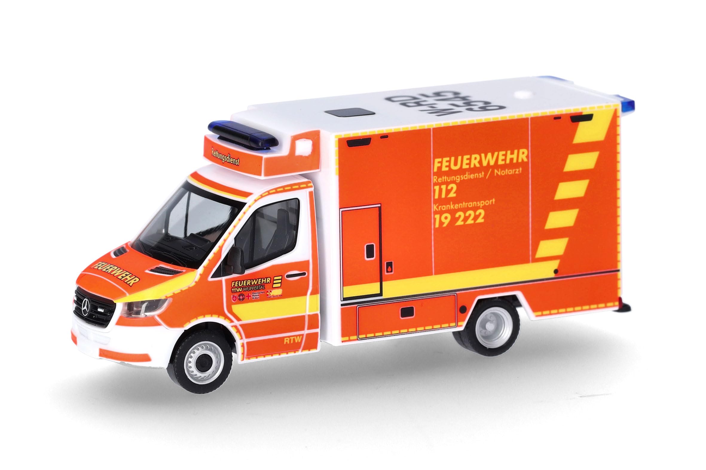 Herpa Model Car Mercedes-Benz Sprinter 18 Ambulance "Wuppertal Fire Brigade" (North Rhine-Westphalia/Wuppertal), miniature in 1:87 scale, collector's item, Made in Germany, plastic model