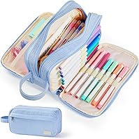 Sooez Large Capacity Corduroy Pencil Case for Girls - 4 Compartments, Holds 100+ Pens, Sturdy Zipper, Soft Blue Pouch Organizer