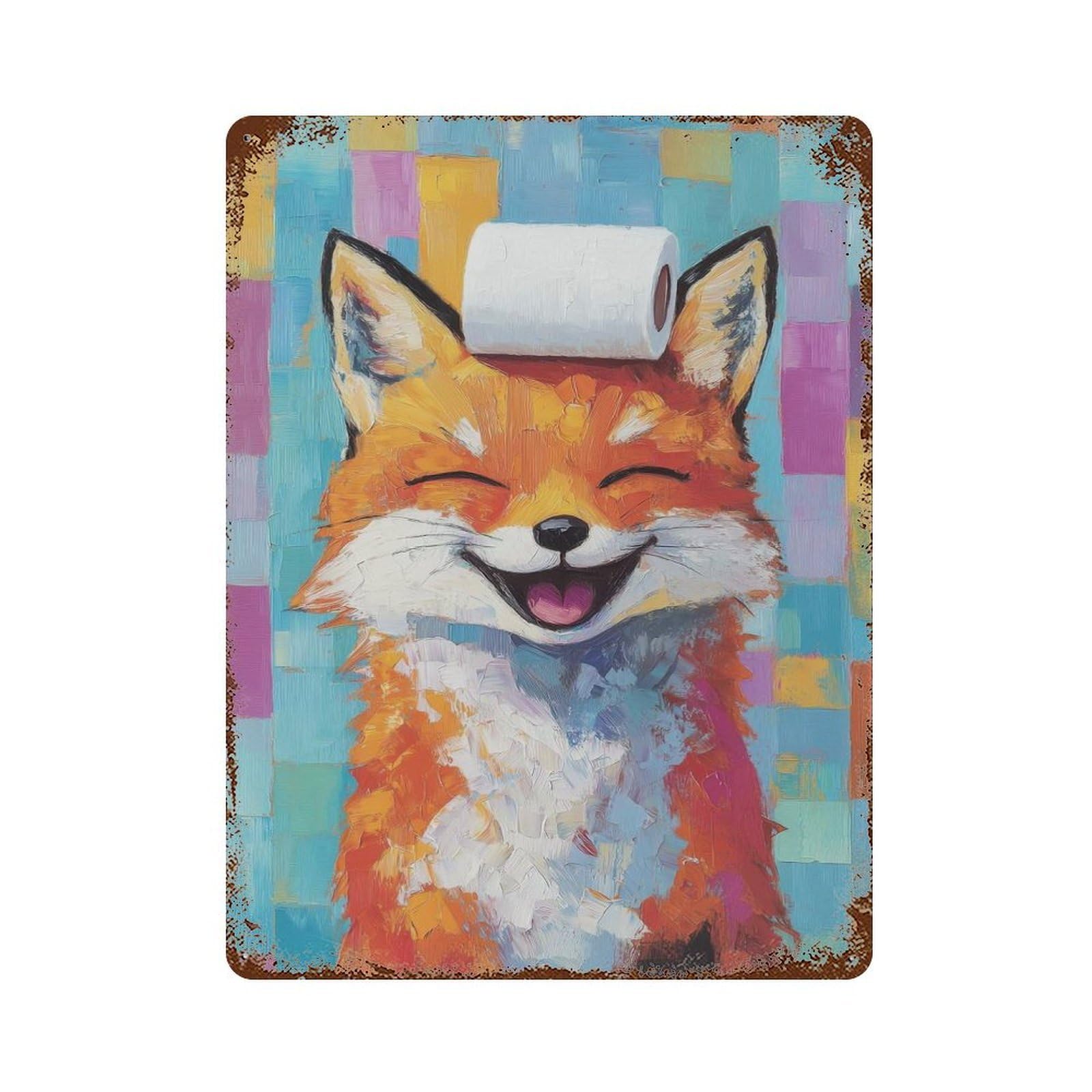 Smiling Fox with Toilet Paper Decorative Tin Sign 15.7"x11.8", for Bistro, Counter And Cafe Decor, Retro Wall Decor