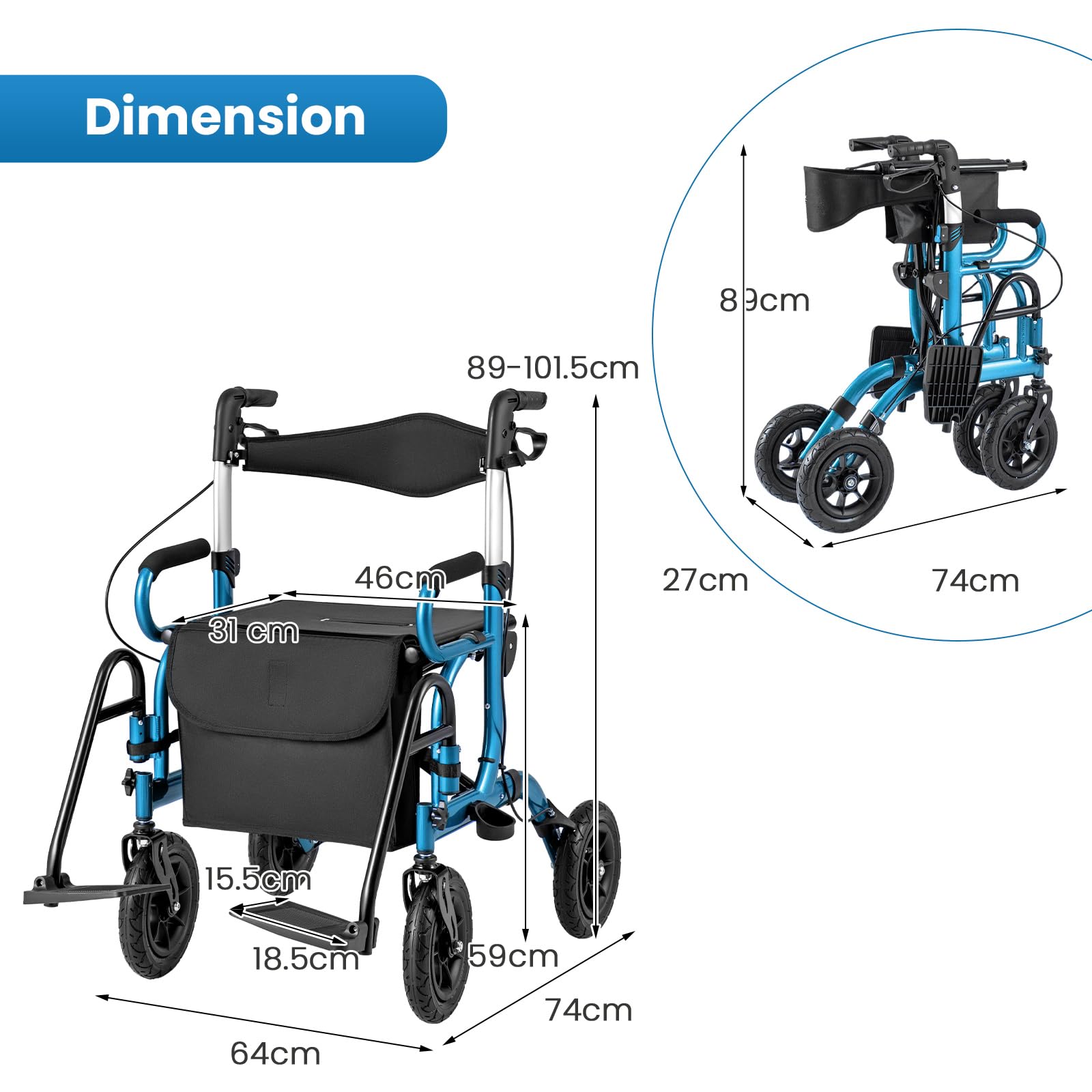 HOMASIS Andador para Ancianos Plegable con 4 Rudas, Caminador Exterior para Idosos con 6 Reposabrazos regulables, Andadores para Adultos, Personas Mayores (azul)