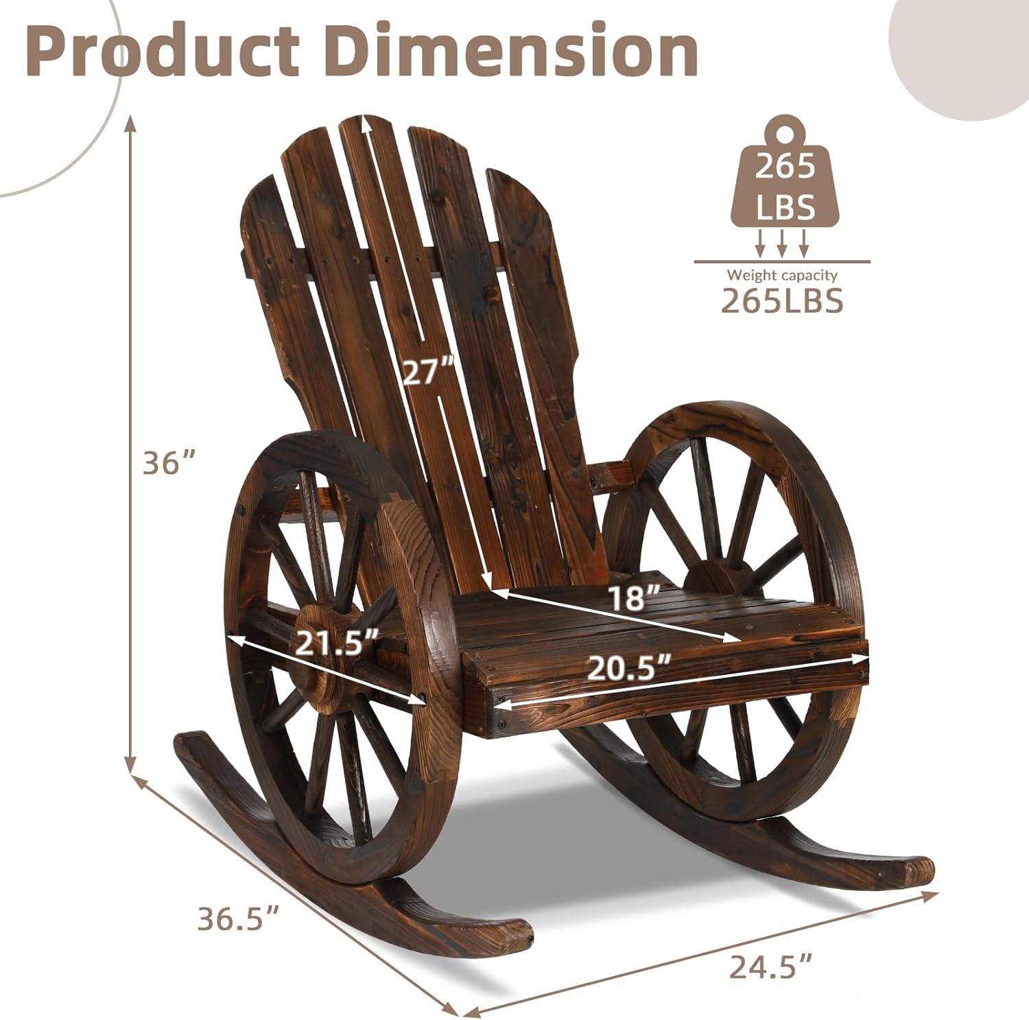 Outdoor Wood Wagon Rocking Chair, Patio Rustic Adirondack Porch Rocker with Oversized Back & Slatted Seat, Carbonized Wood Rocker Chair with Wagon Wheel Armrest for Indoor, Backyard, Garden