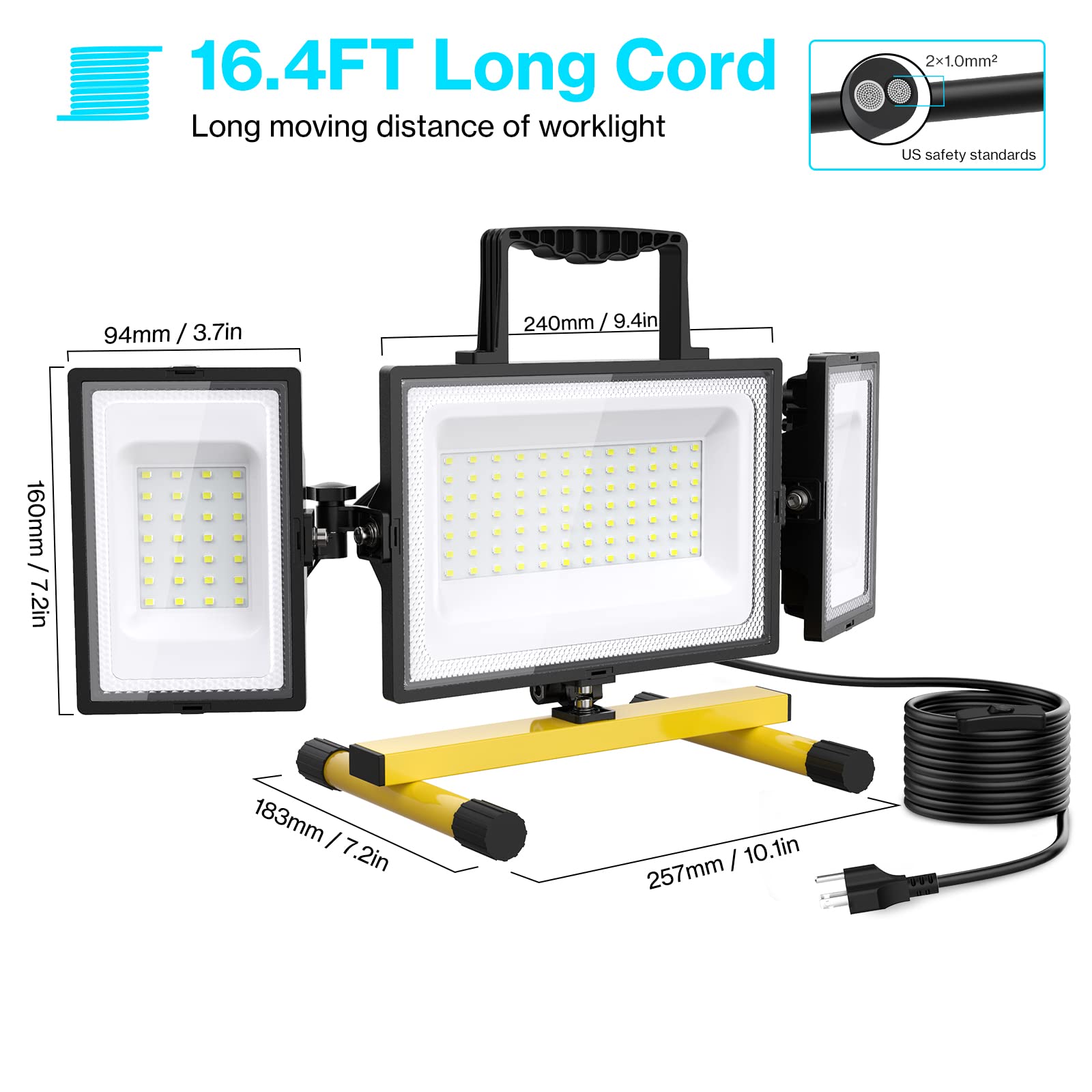 Olafus 80W Led Work Lights 3 Adjustable Head, 6700LM Foldable Work Flood Light, 16.4ft Cord with Plug, 6500K IP65 Waterproof Job Site Lighting with Stand for Construction Site, Garage, Workshop, Jetty