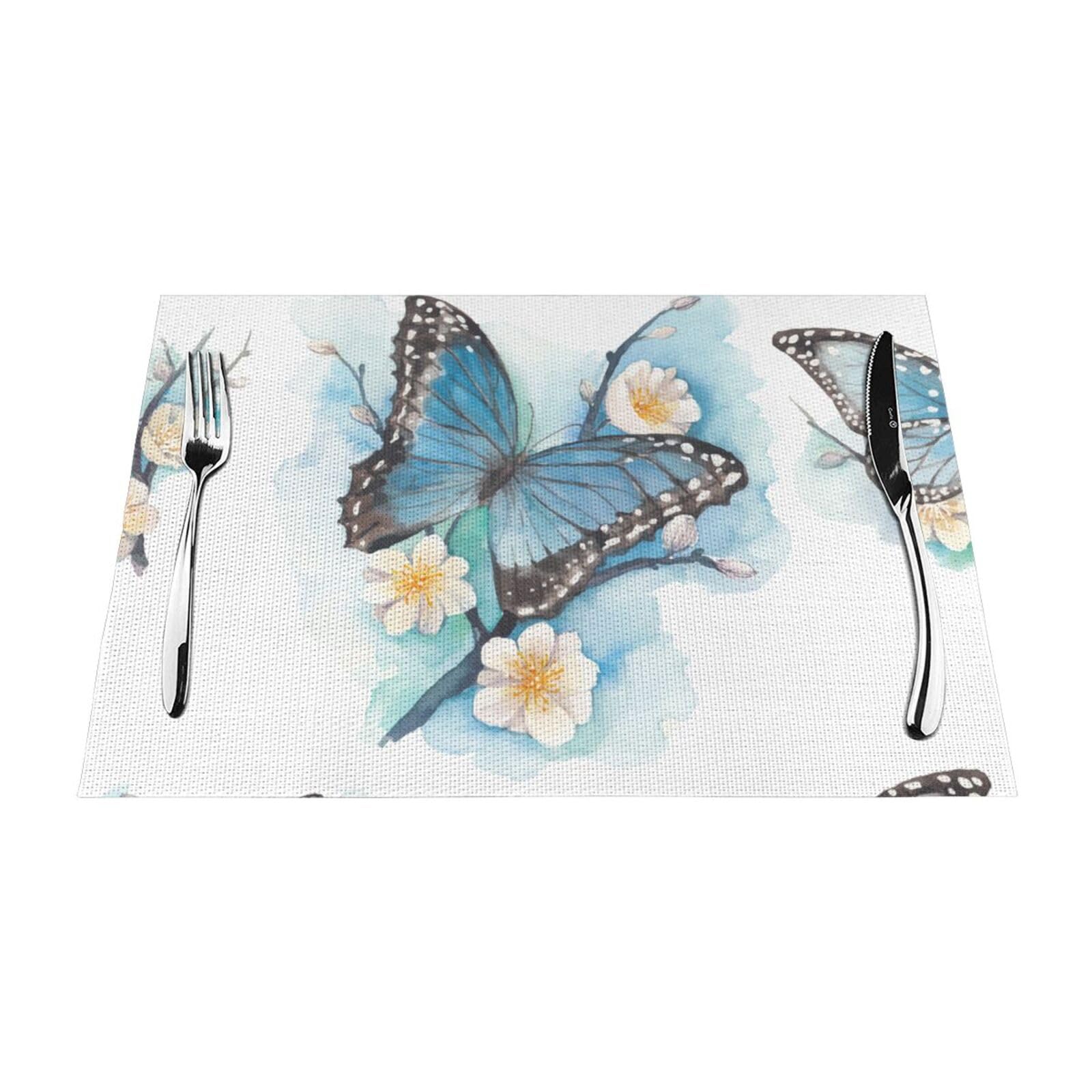 PVC Placemat Set of 1 PCS, 45x30 CM, Blue Butterfly On Blossom Flower Printed Non-Slip Heat Resistant Place Mats for Kitchen Dining Table Indoor Outdoor